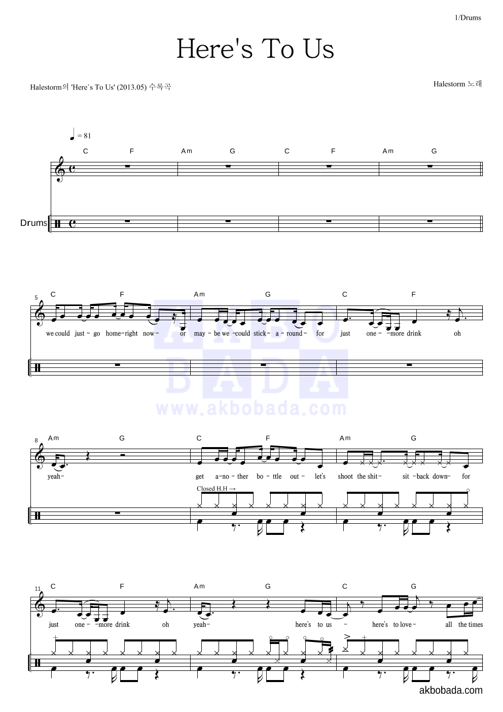 Here`s To Us (Feat. Slash) 드럼 악보 미리보기