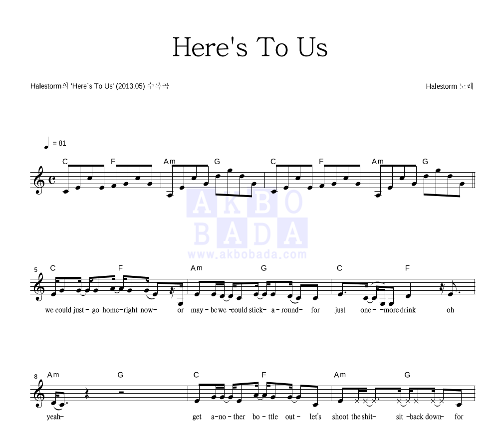Here`s To Us (Feat. Slash) 멜로디 악보 미리보기