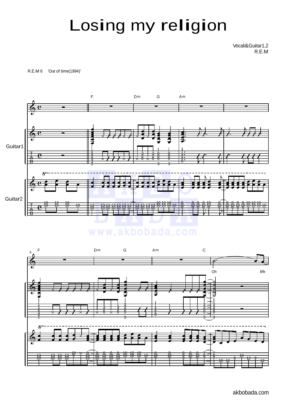 Losing my religion 기타 악보 미리보기