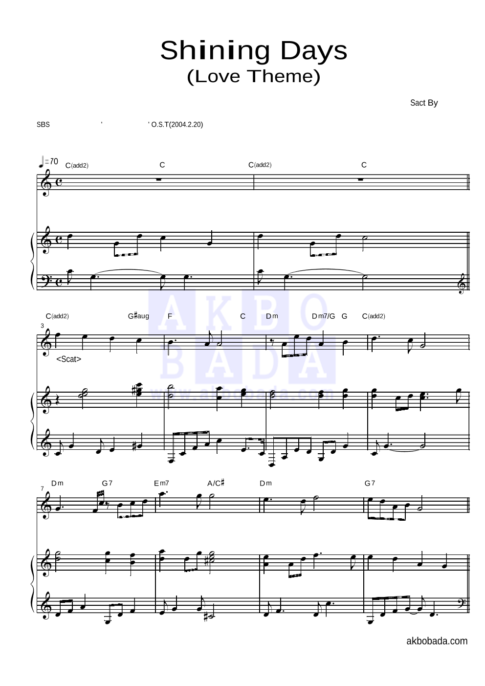 Shining Days(Love Theme) 피아노 2단 악보 미리보기