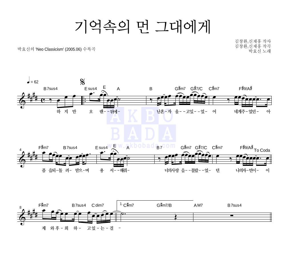 기억속의 먼 그대에게 멜로디 악보 미리보기