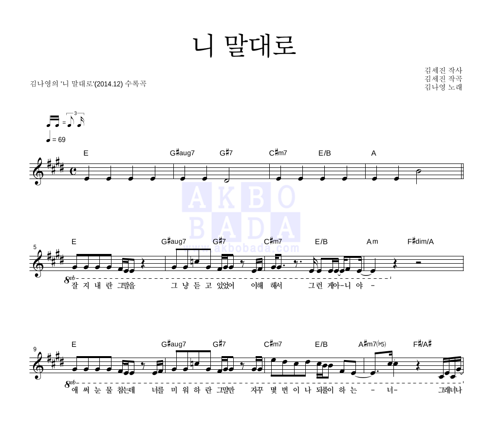 니 말대로 멜로디 악보 미리보기