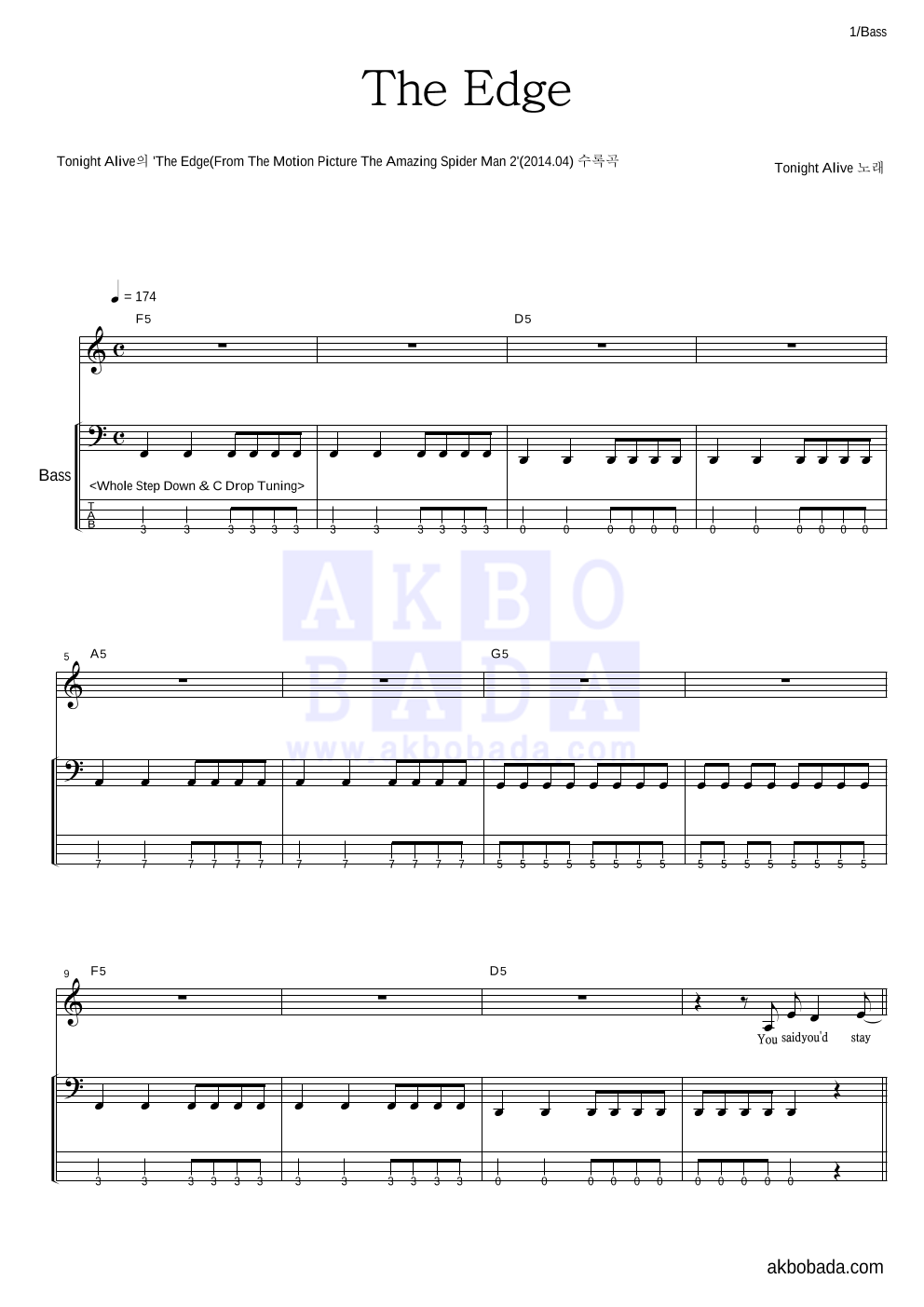 The Edge (From The Motion Picture The Amazing Spider-Man 2) 베이스 악보 미리보기