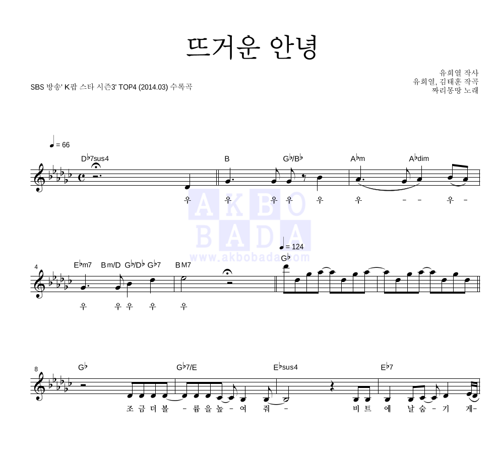 뜨거운 안녕 멜로디 악보 미리보기