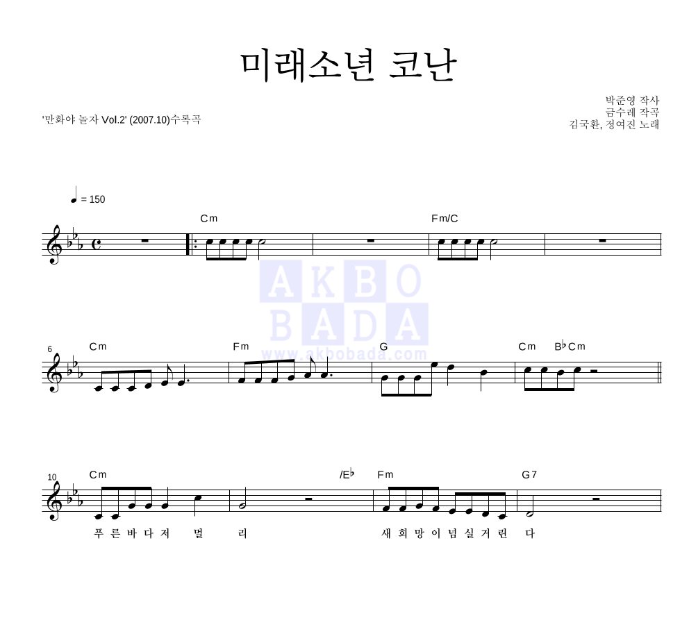 미래소년 코난 멜로디 악보 미리보기