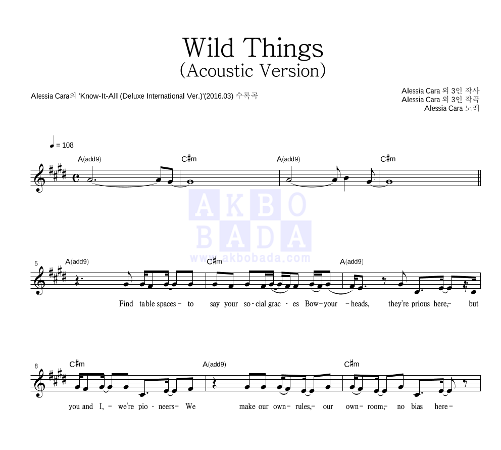 Wild Things (Acoustic Version) 멜로디 악보 미리보기
