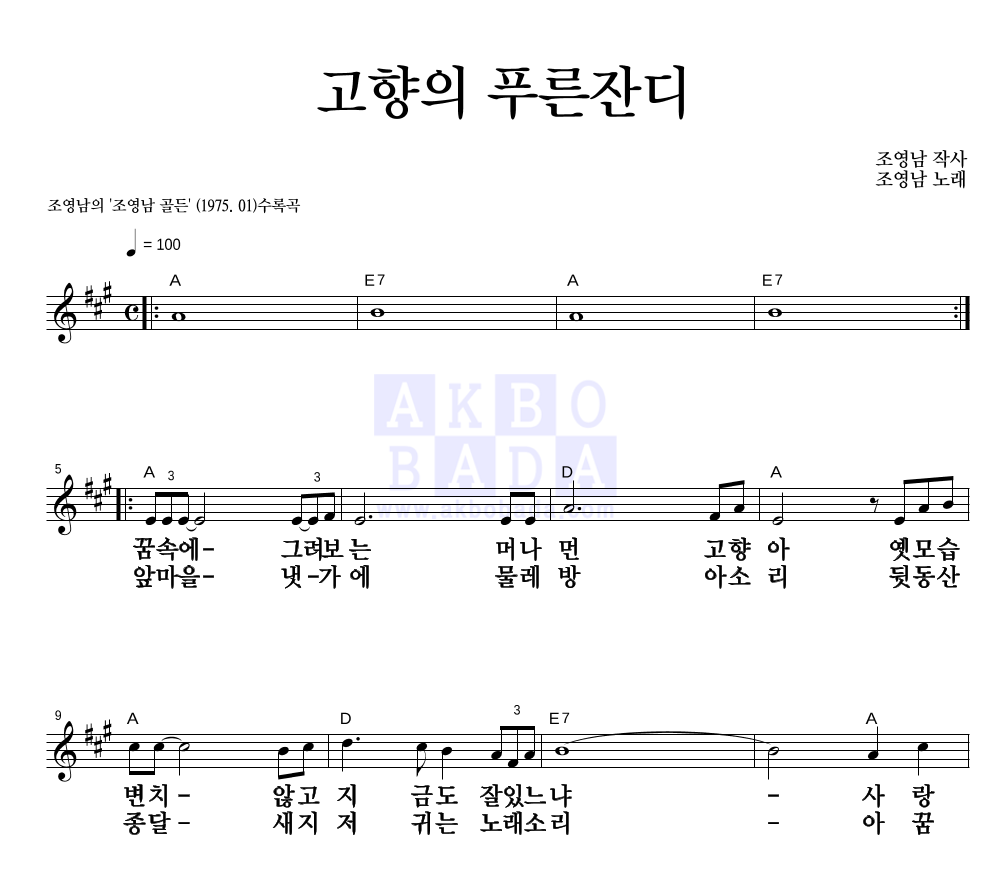 고향의 푸른잔디 멜로디 큰가사 악보 미리보기
