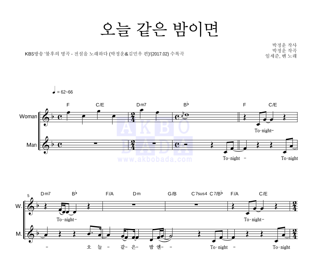 오늘 같은 밤이면 멜로디 악보 미리보기