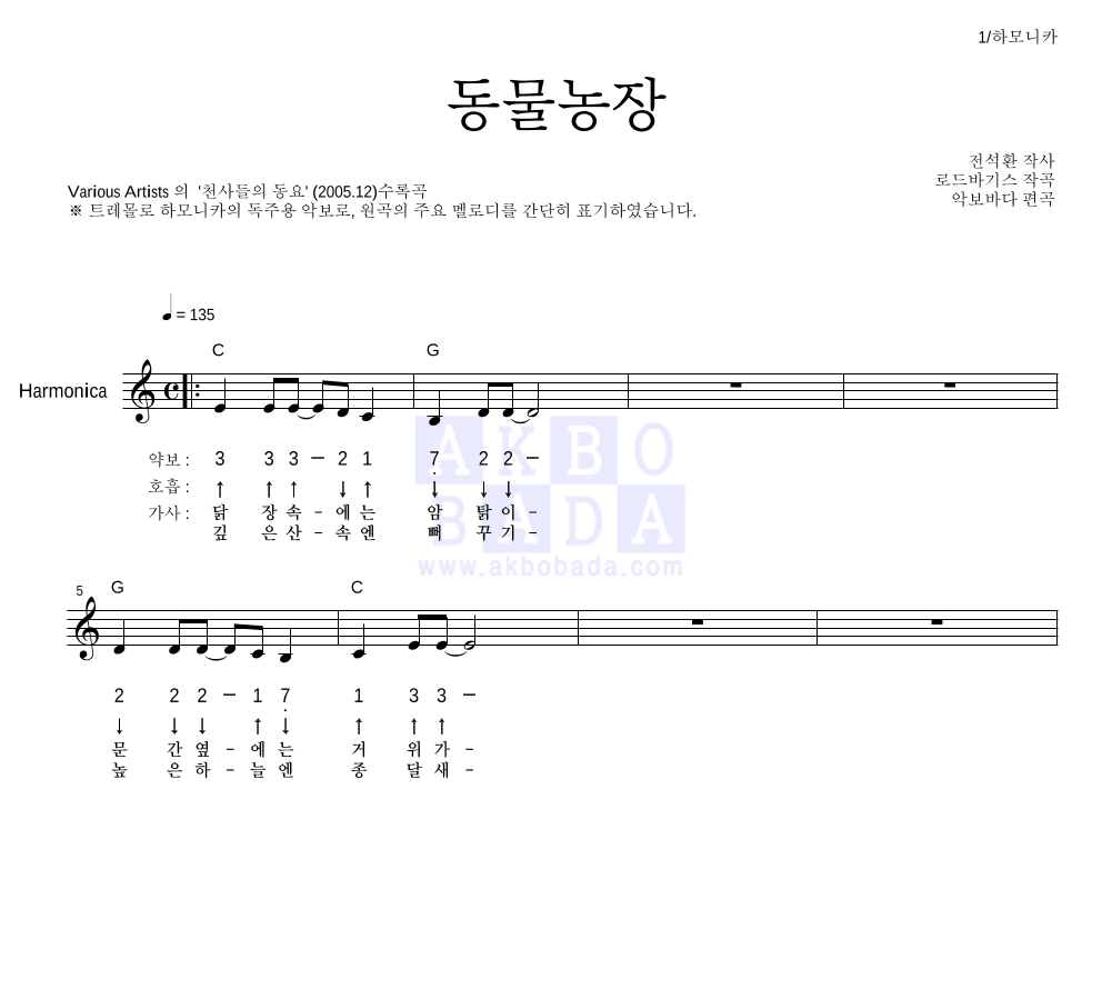 동물 농장 하모니카 악보 미리보기