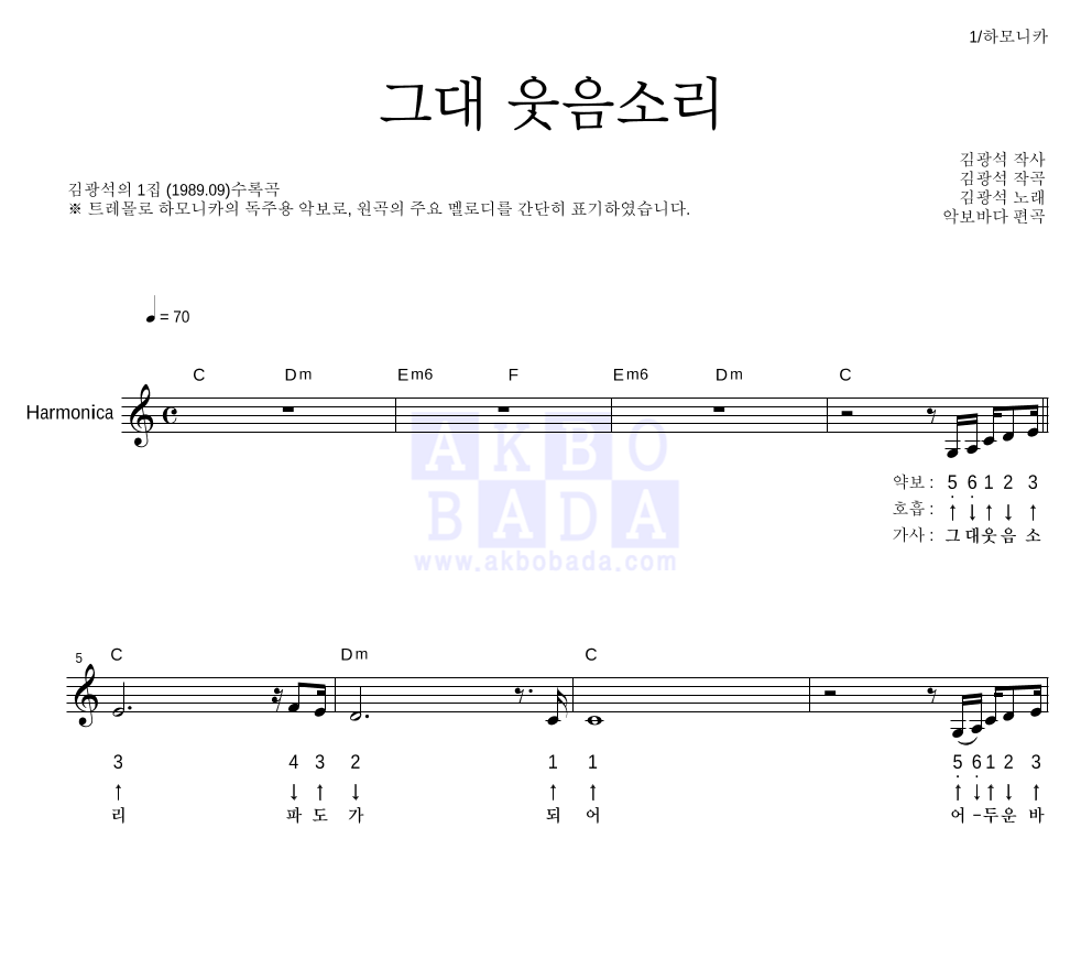 그대 웃음소리 하모니카 악보 미리보기