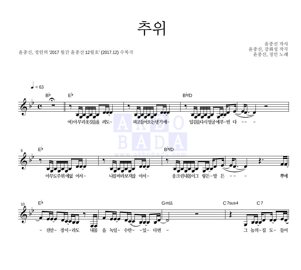 추위 멜로디 악보 미리보기