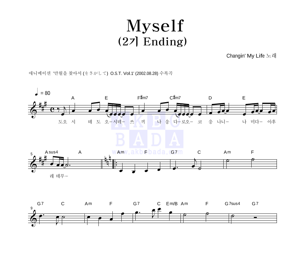 Myself (2기Ending) 멜로디 악보 미리보기