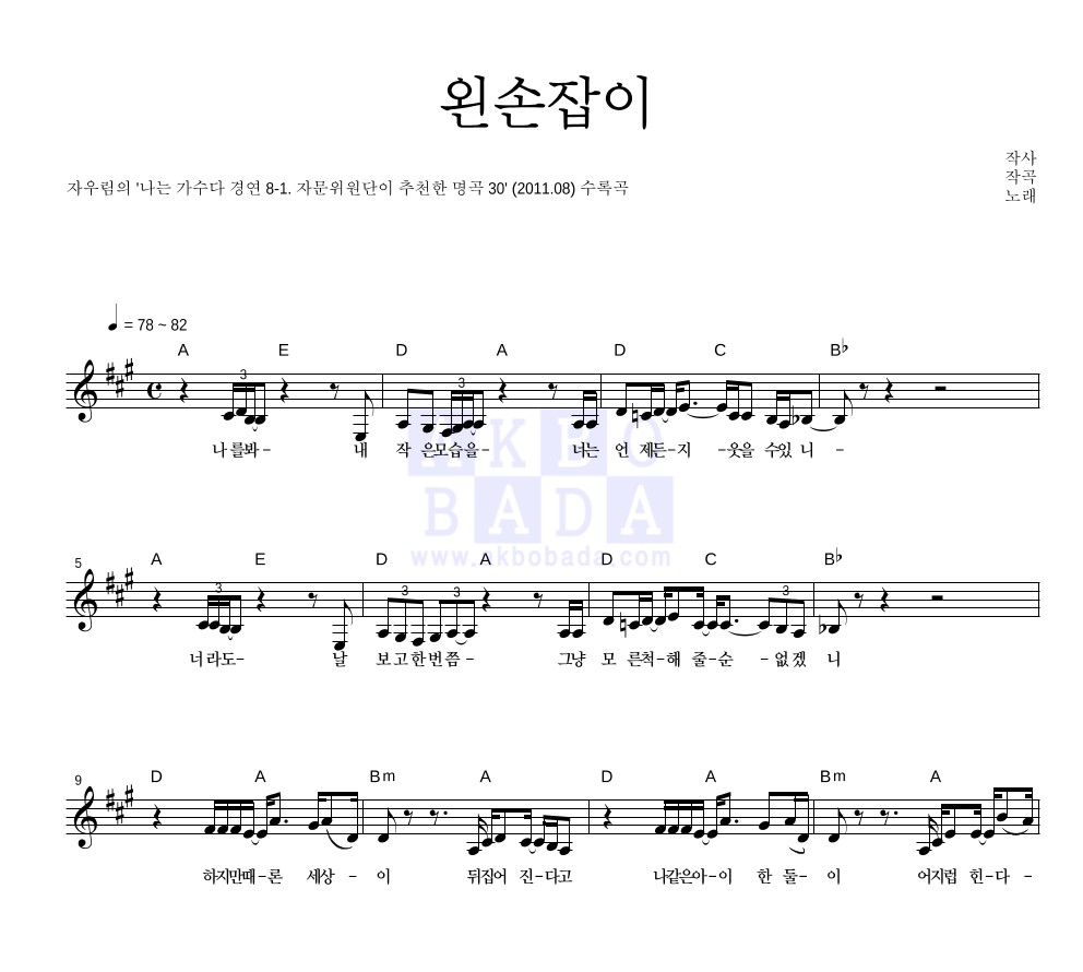 왼손잡이 (패닉) 멜로디 악보 미리보기