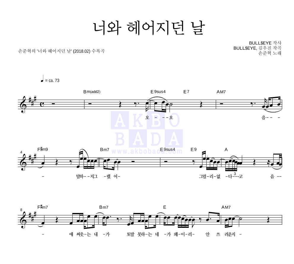 너와 헤어지던 날 멜로디 악보 미리보기