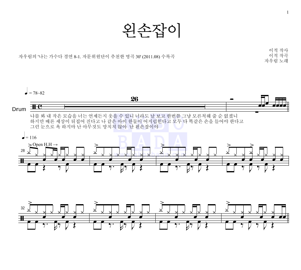 왼손잡이 (패닉) 드럼(Tab) 악보 미리보기