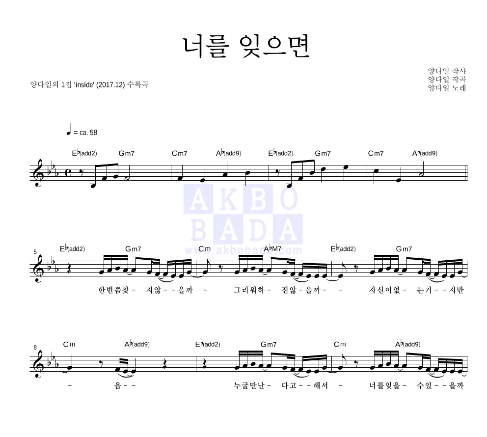 너를 잊으면 멜로디 악보 미리보기