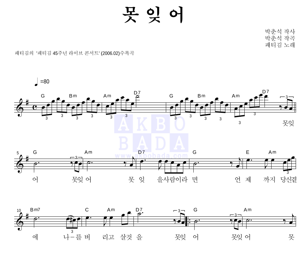 못잊어 멜로디 악보 미리보기