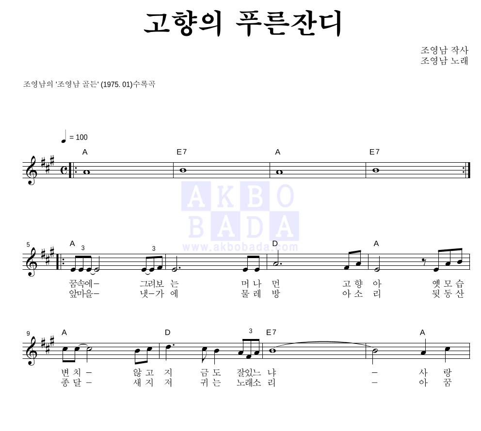 고향의 푸른잔디 멜로디 악보 미리보기