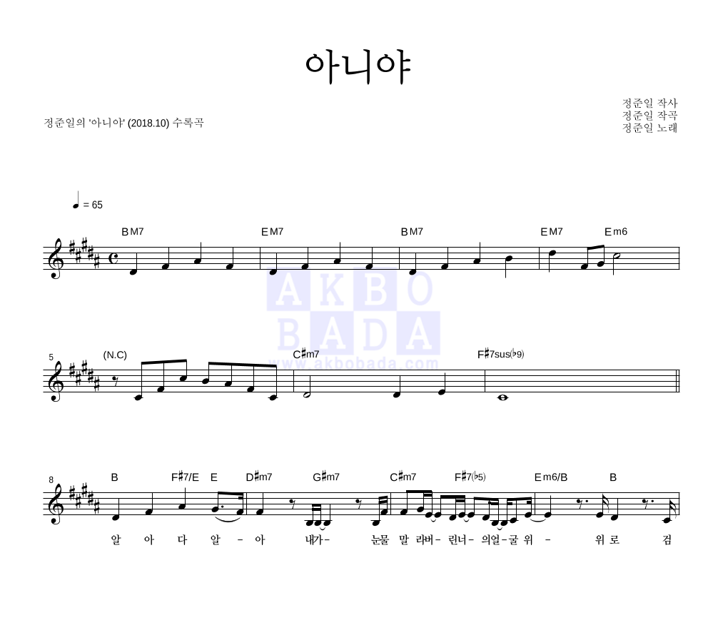 아니야 멜로디 악보 미리보기