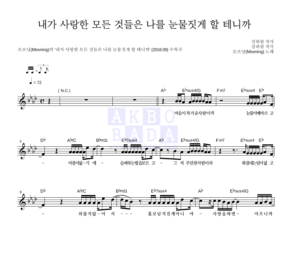 내가 사랑한 모든 것들은 나를 눈물짓게 할 테니까 멜로디 악보 미리보기
