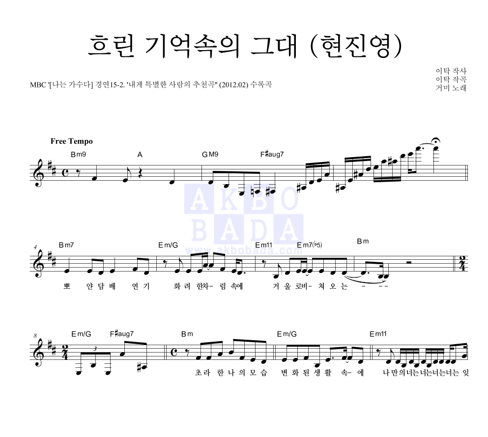 흐린 기억속의 그대 (현진영) 멜로디 악보 미리보기