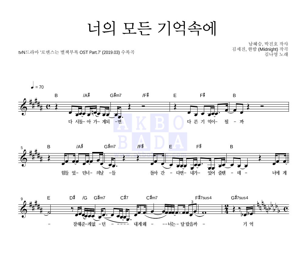 너의 모든 기억속에 멜로디 악보 미리보기