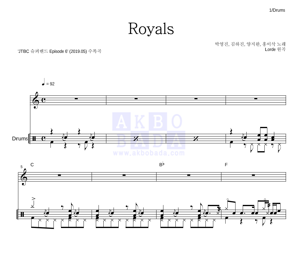 Royals 드럼 악보 미리보기