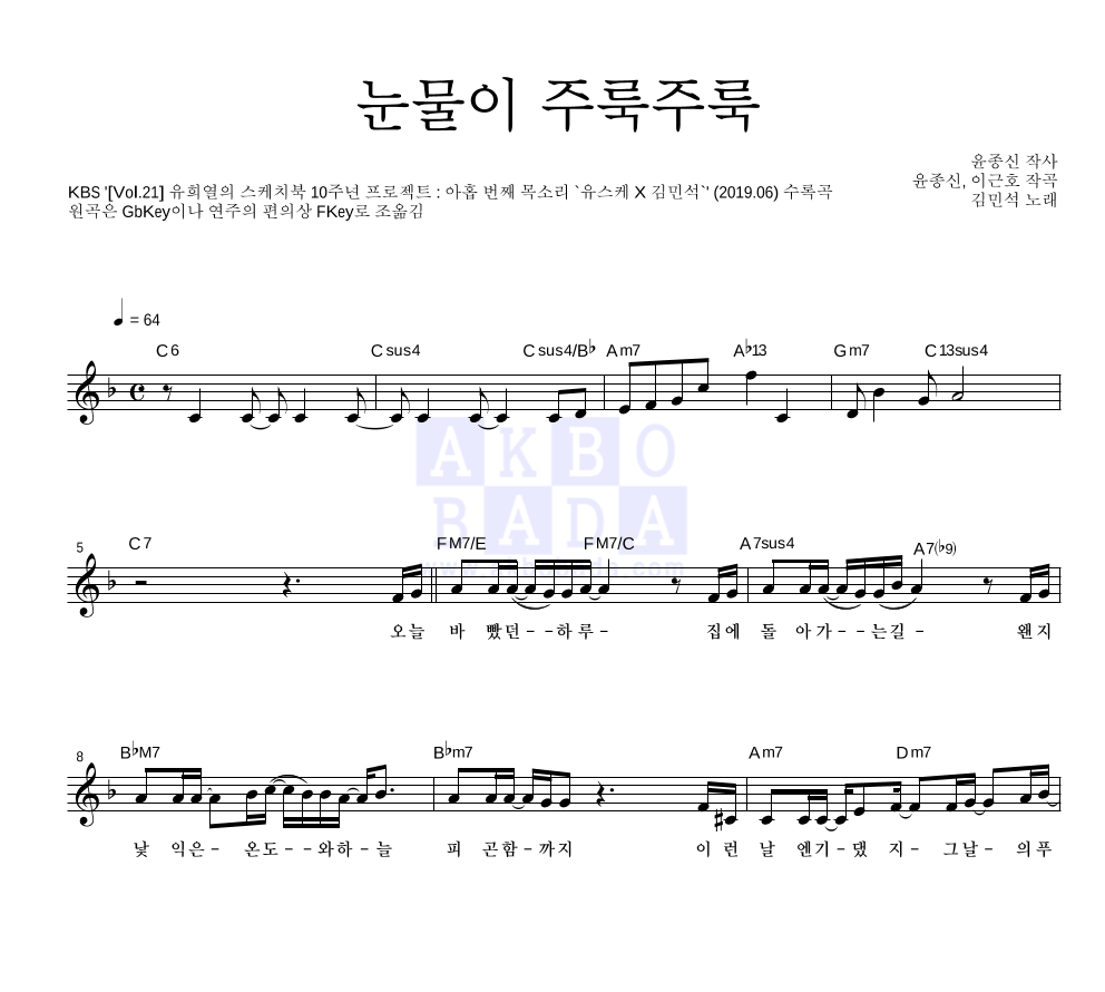 눈물이 주룩주룩 멜로디 악보 미리보기