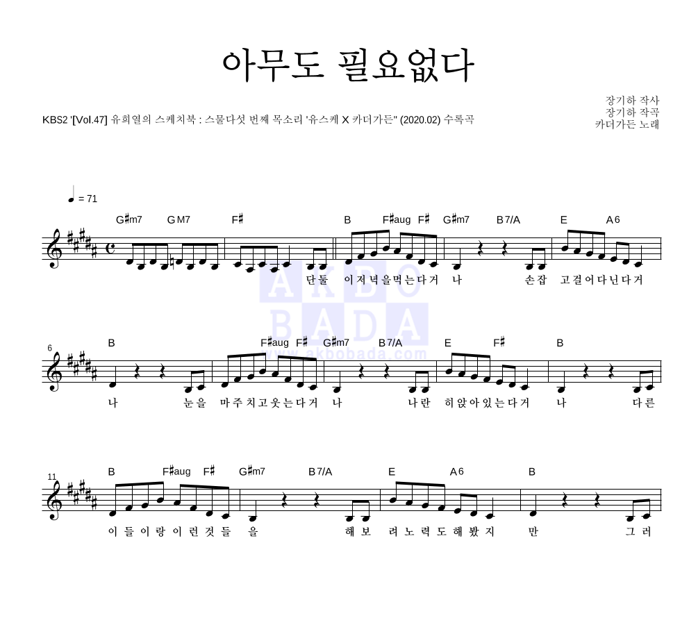 아무도 필요없다 멜로디 악보 미리보기