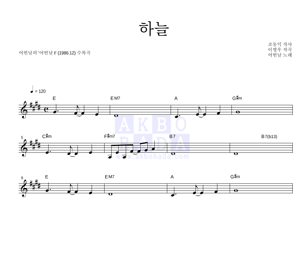 하늘 멜로디 악보 미리보기