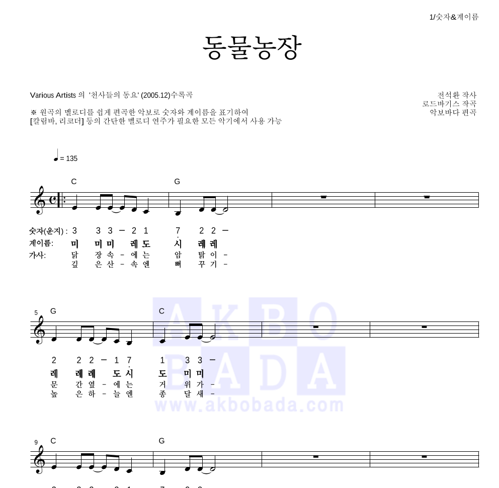 동물 농장 멜로디-숫자&계이름 악보 미리보기