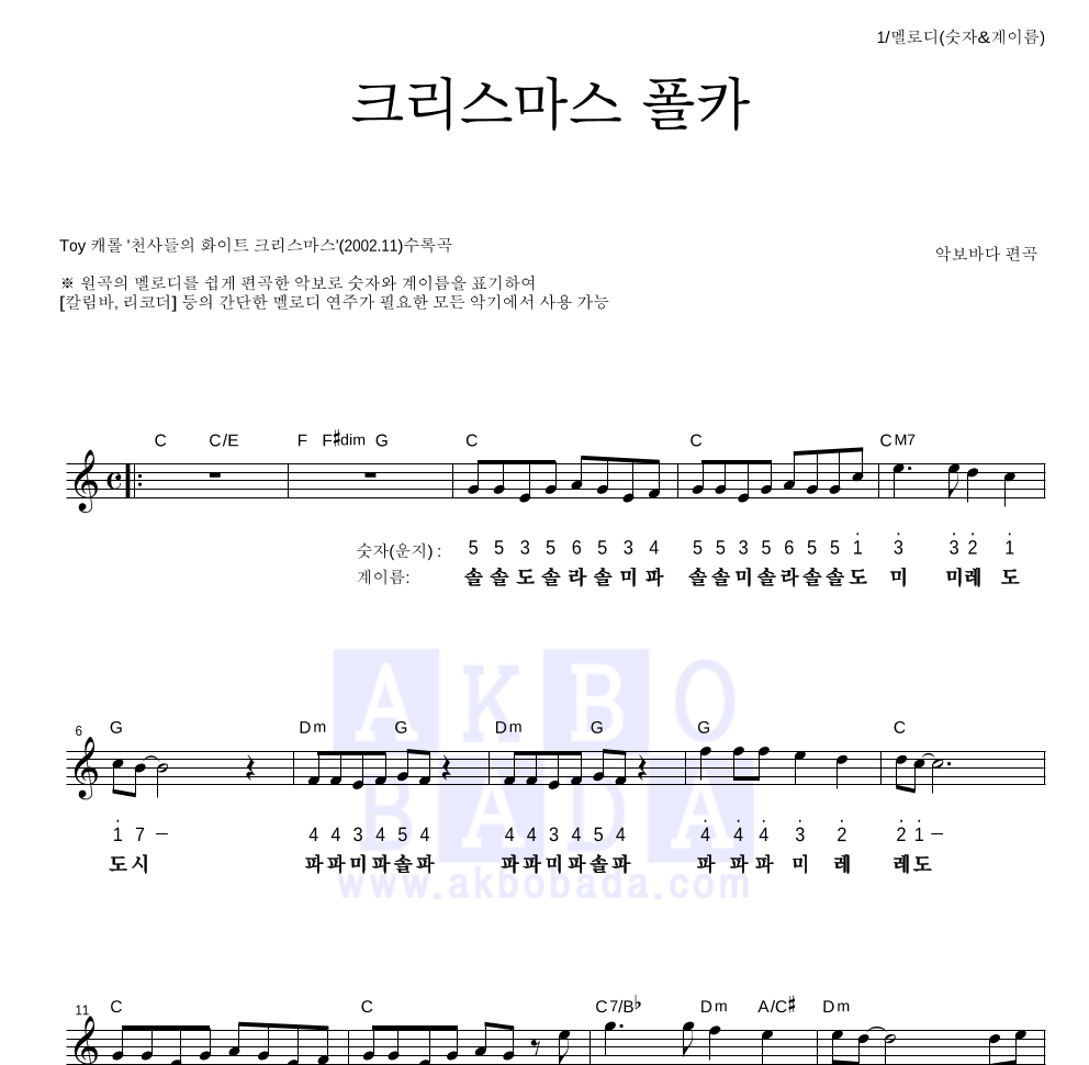 크리스마스 폴카 멜로디-숫자&계이름 악보 미리보기