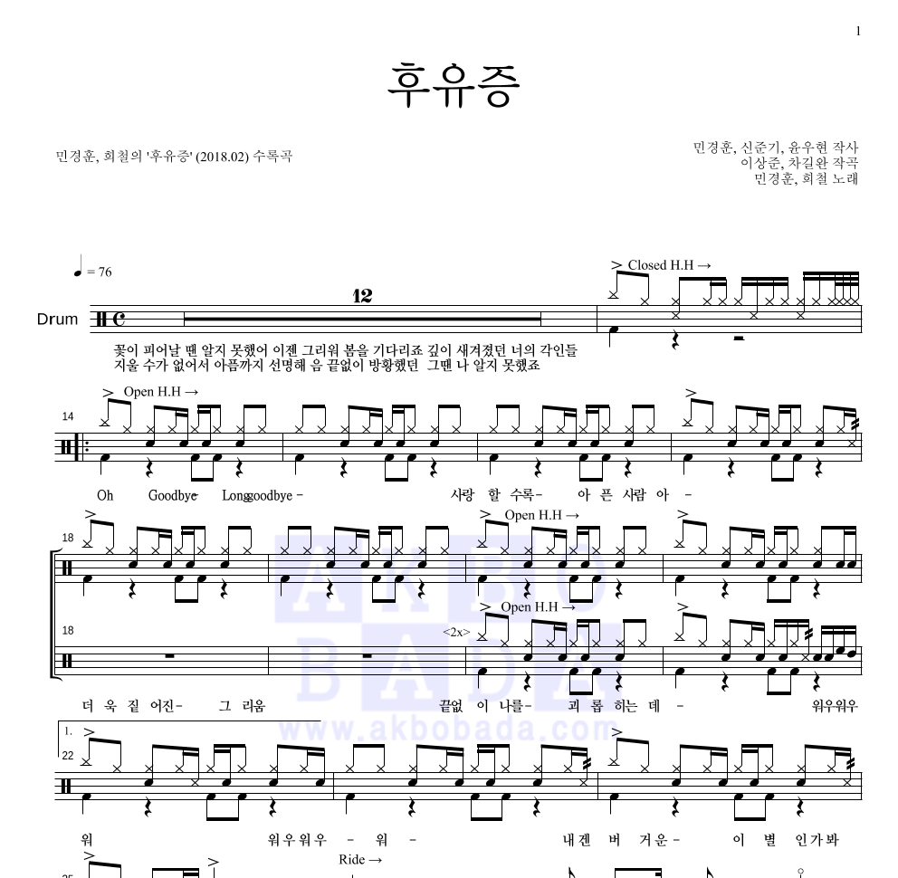 후유증 드럼(Tab) 악보 미리보기