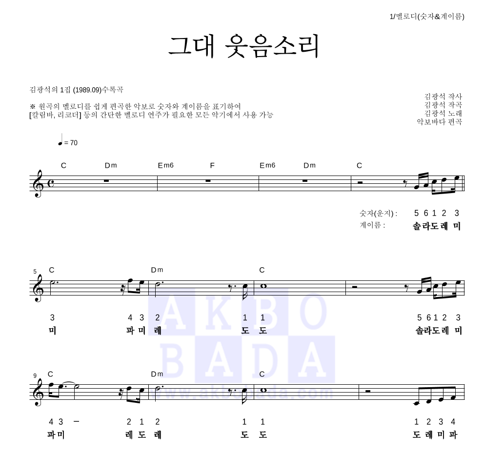 그대 웃음소리 멜로디-숫자&계이름 악보 미리보기