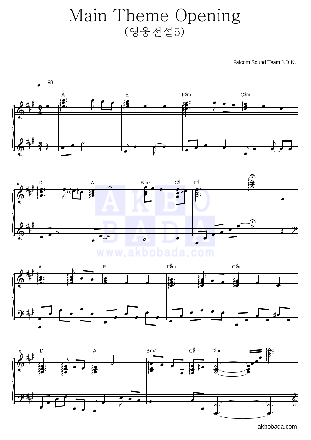 Main Theme Opening 피아노 2단 악보 미리보기