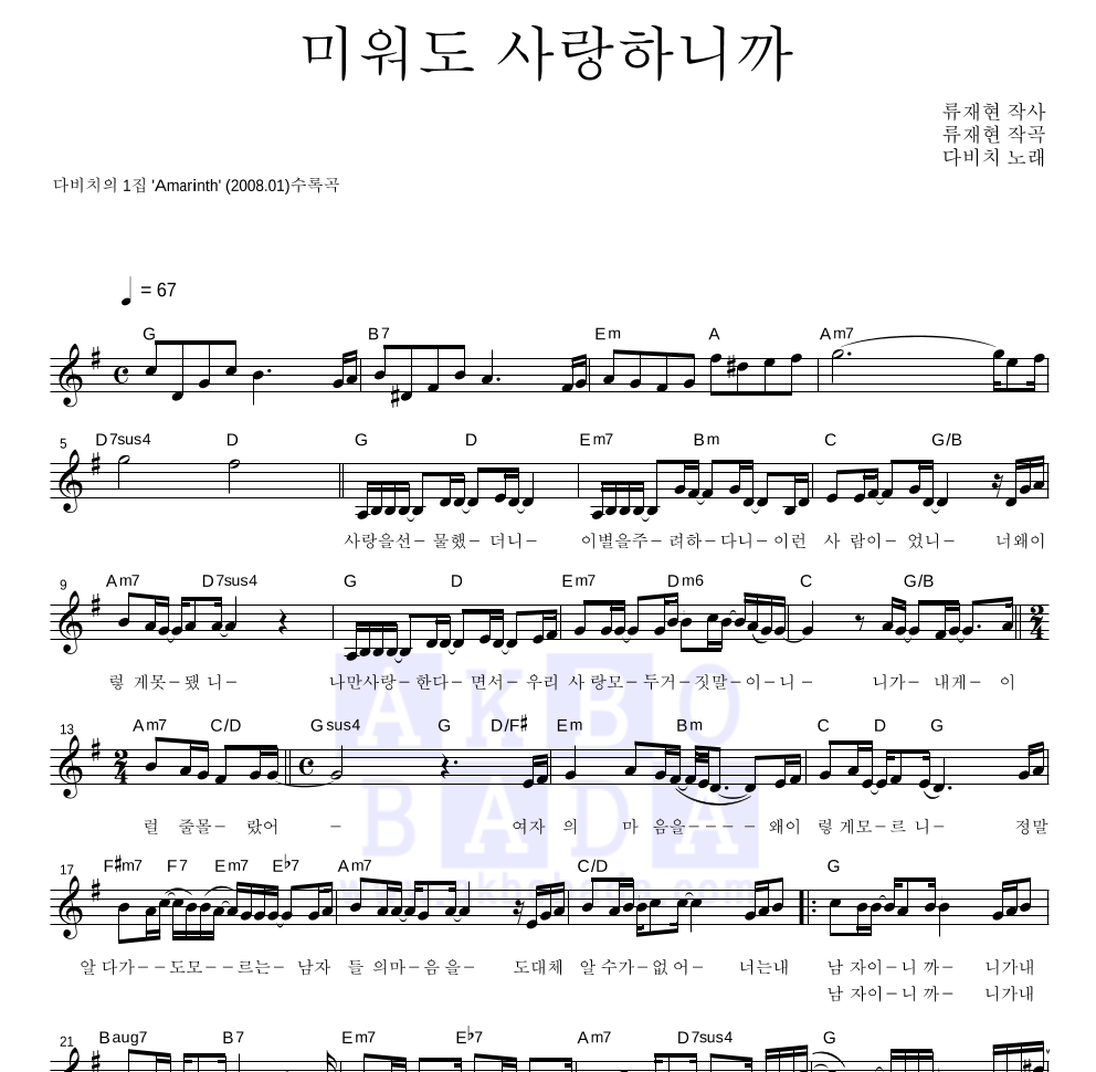 미워도 사랑하니까 멜로디 악보 미리보기