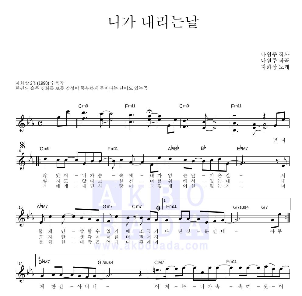 니가 내리는 날 멜로디 악보 미리보기