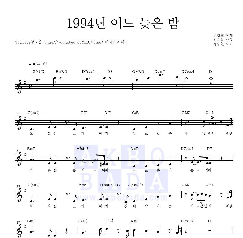 1994년 어느 늦은 밤 멜로디 악보 미리보기
