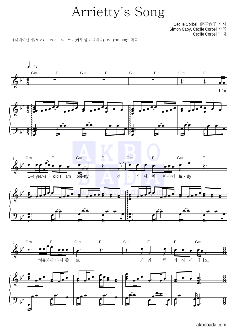 Arrietty's Song 피아노 3단 악보 미리보기