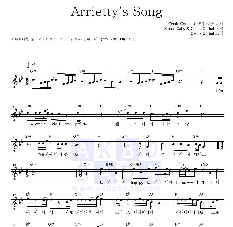 Arrietty's Song 멜로디 악보 미리보기