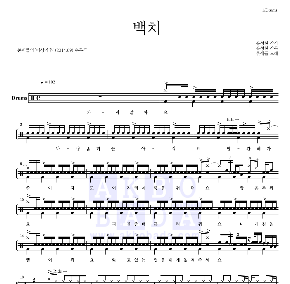백치 드럼(Tab) 악보 미리보기