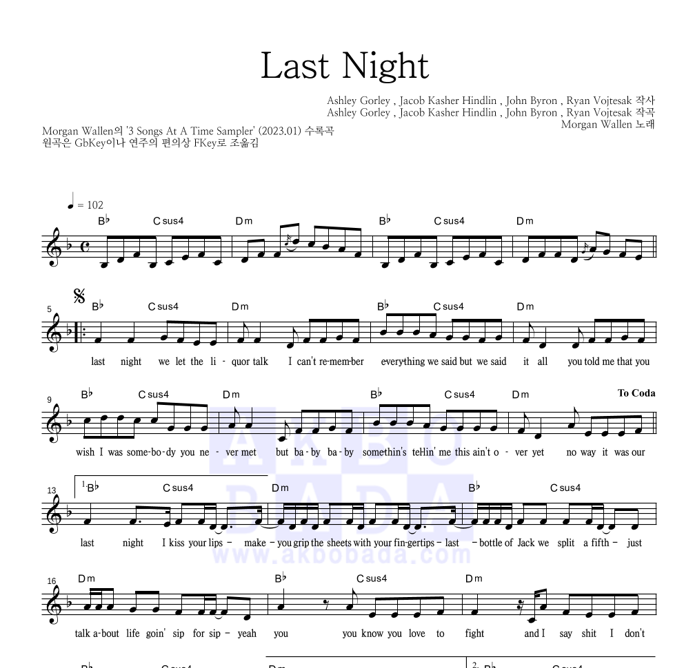 Last Night 멜로디 악보 미리보기