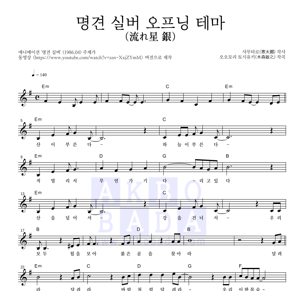 流れ星 銀 (오프닝 테마) 멜로디 악보 미리보기