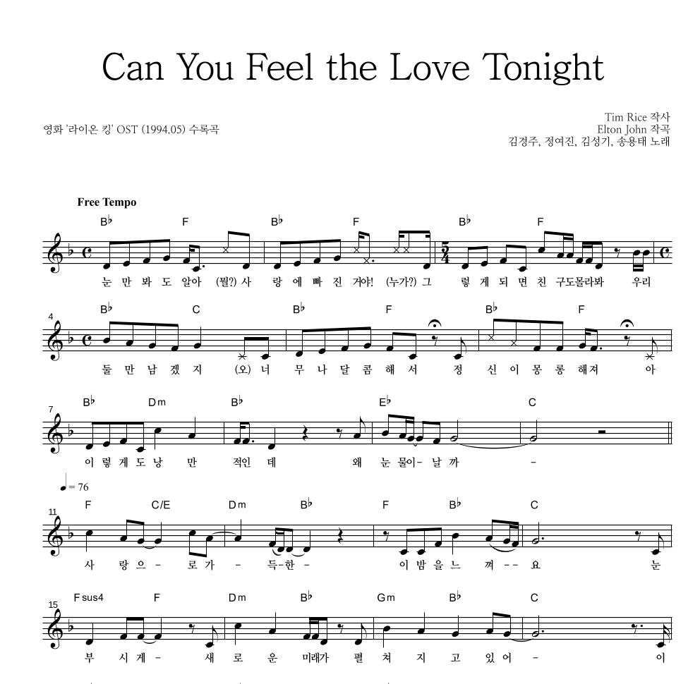 Can You Feel the Love Tonight 멜로디 악보 미리보기