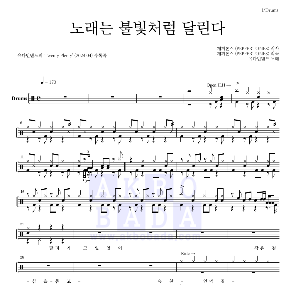 노래는 불빛처럼 달린다 드럼(Tab) 악보 미리보기