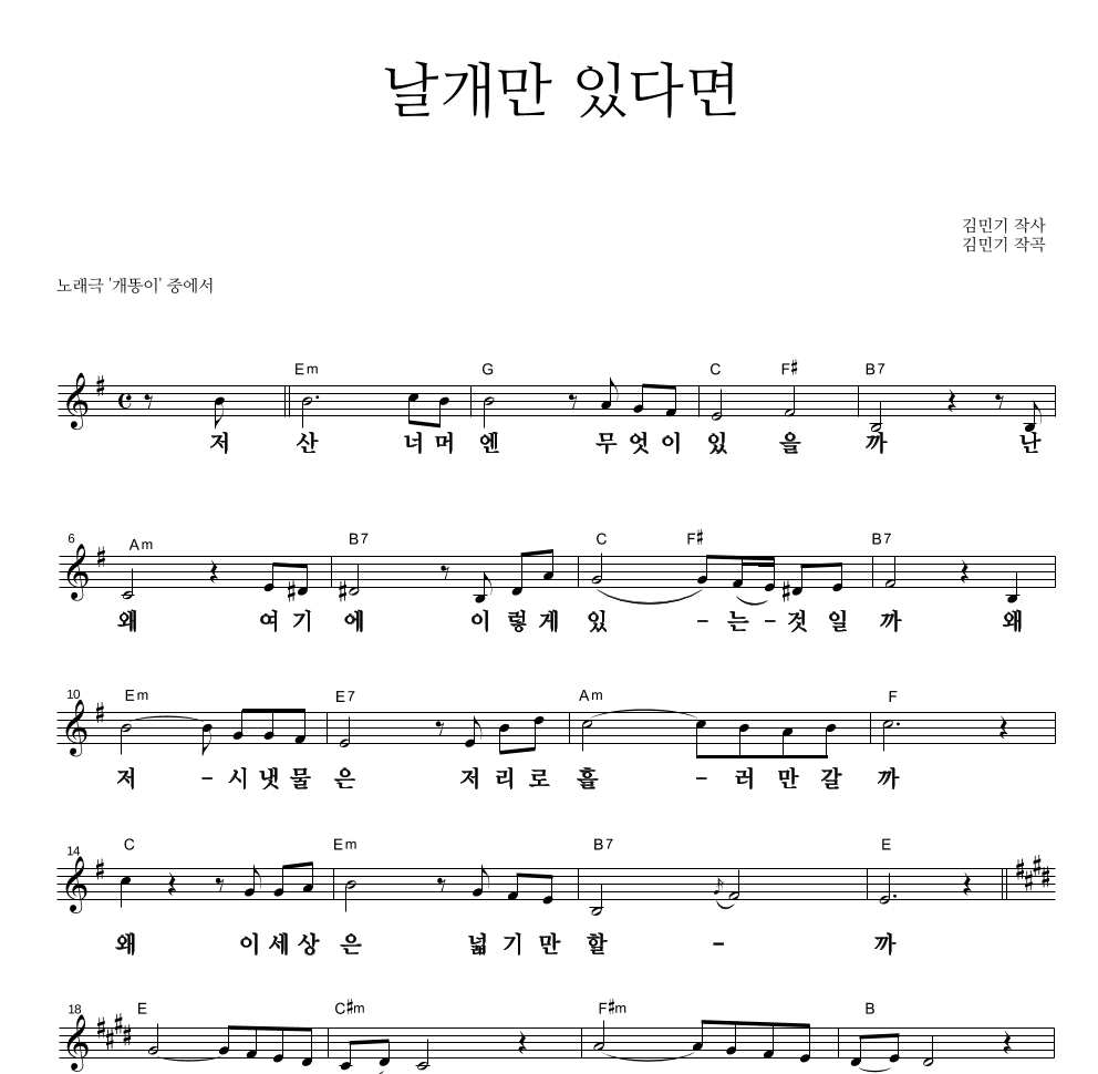 날개만 있다면 멜로디 큰가사 악보 미리보기