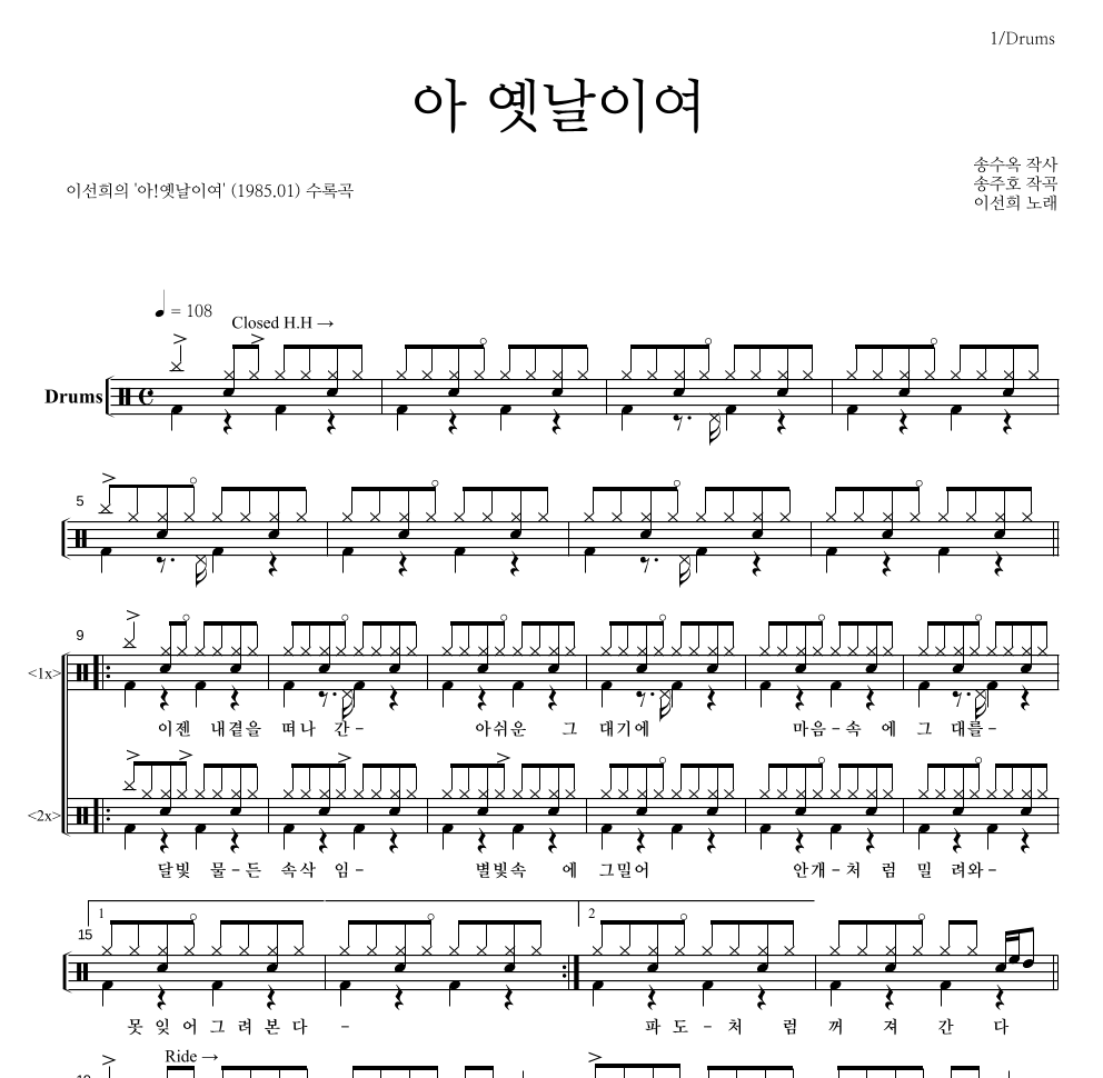 아 옛날이여 드럼(Tab) 악보 미리보기