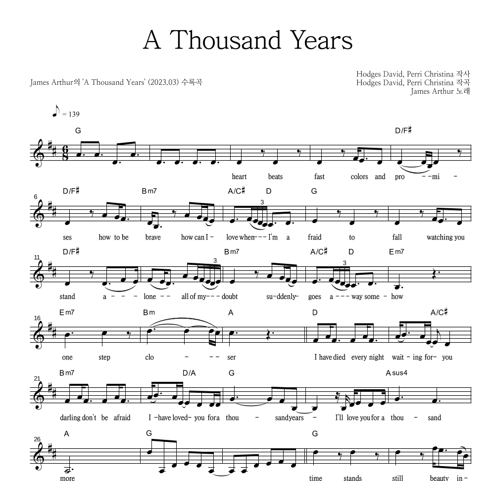 A Thousand Years 멜로디 악보 미리보기