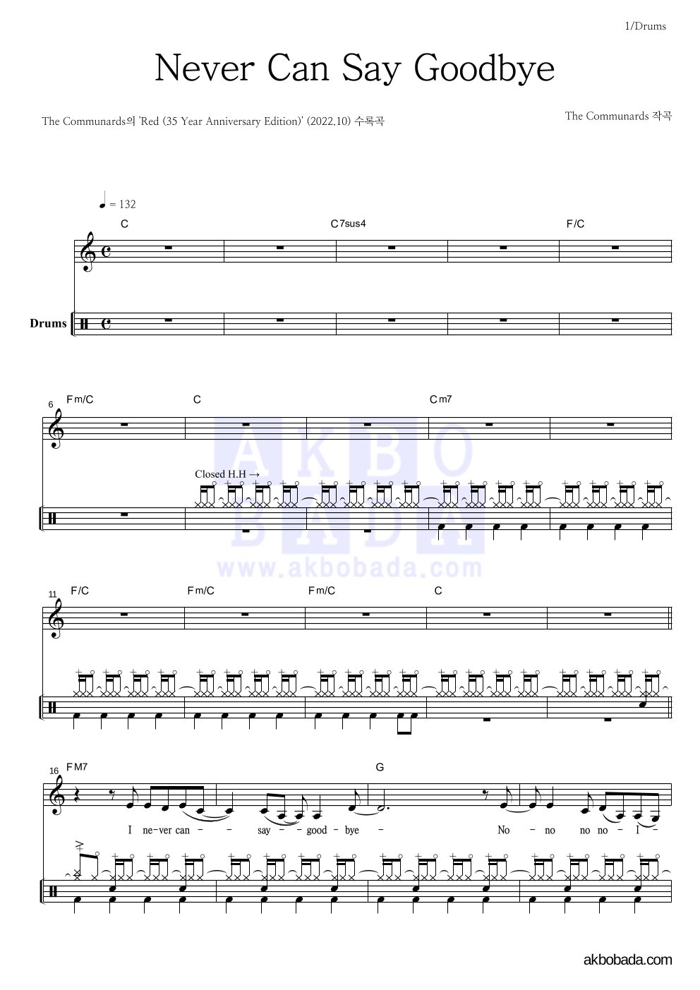 Never Can Say Goodbye 드럼 악보 미리보기