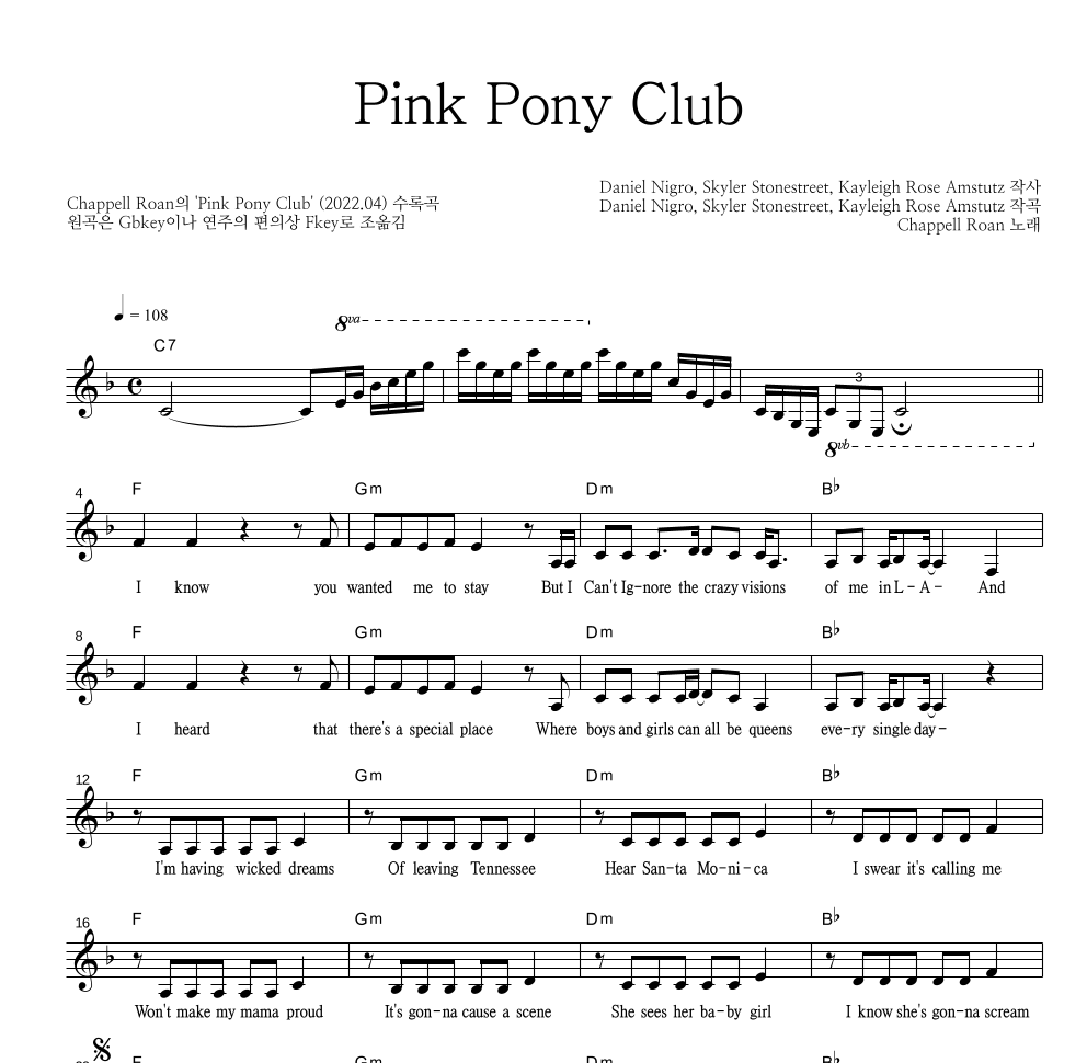 Pink Pony Club 멜로디 악보 미리보기